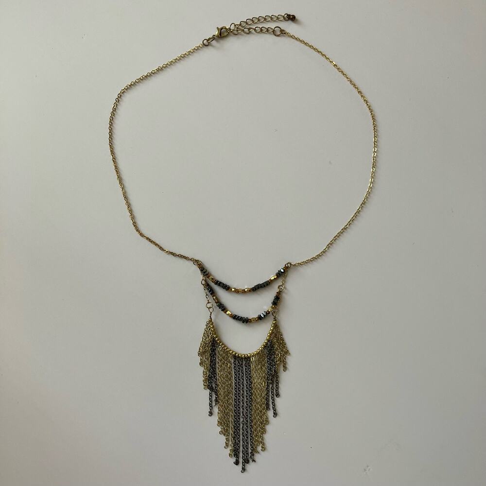 Fringe chain beaded bib necklace, gold and gunmetal, indie grunge bohemian